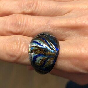 MDINA Glass Handmade Abstract Design Bulb Ring in Navy Silver Brn Sz OS NWOT